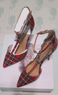 Jessica Simpson Wintelle Red Combo Academy Plaid Pumps Shoes Heels Size 8, NIB