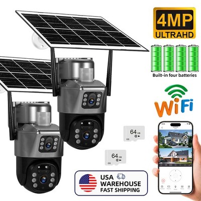 2PCS Home Security Camera System Solar Panel PTZ Wireless 4MP Outdoor 64GB Card