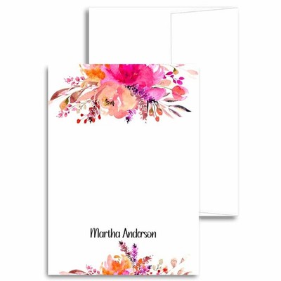 Personalized Bright Pink Floral Spring Flat Note Cards with Name (SETS OF 20)