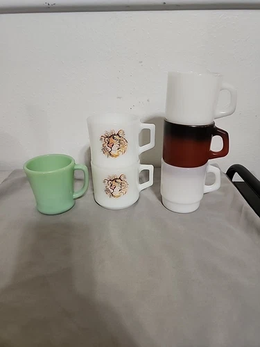 6 Vtg Anchor Hocking Fire King Coffee Mugs Jadeite D Handle Esso Tiger Stacking