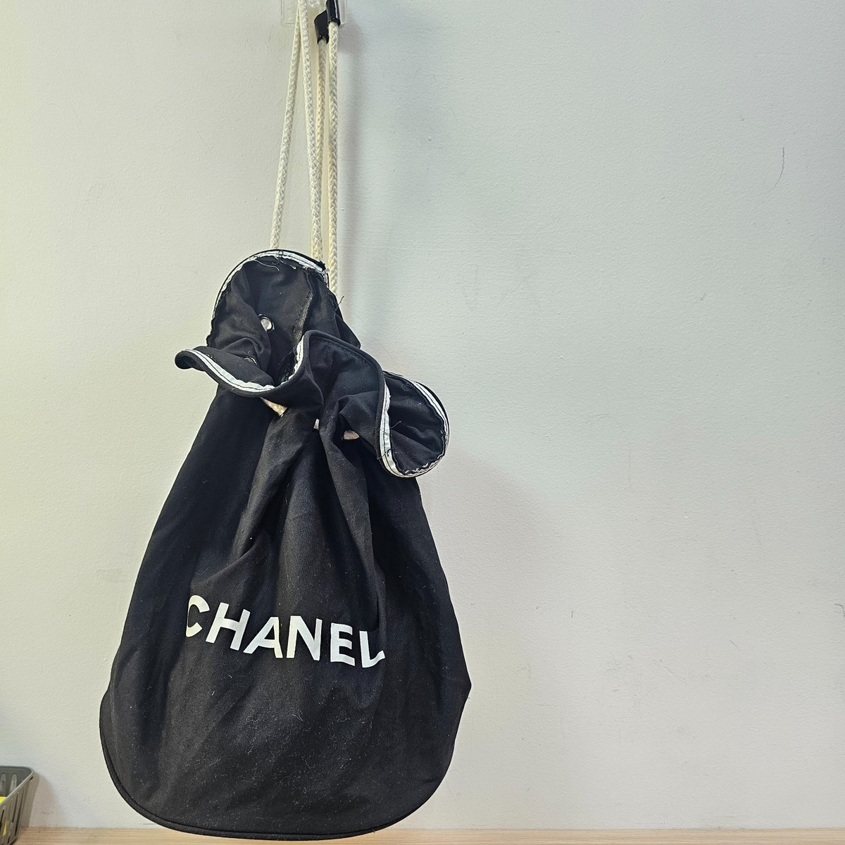 CHANEL Bucket Backpack Black Canvas Drawstring Rope Strap Novelty