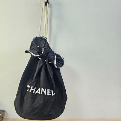 CHANEL Makeup Drawstring Canvas Backpack Black CC Logo Travel Gym Bag 16.5x12.5 CHANEL Bucket Backpack Black Canvas Drawstring Rope Strap  main image 3