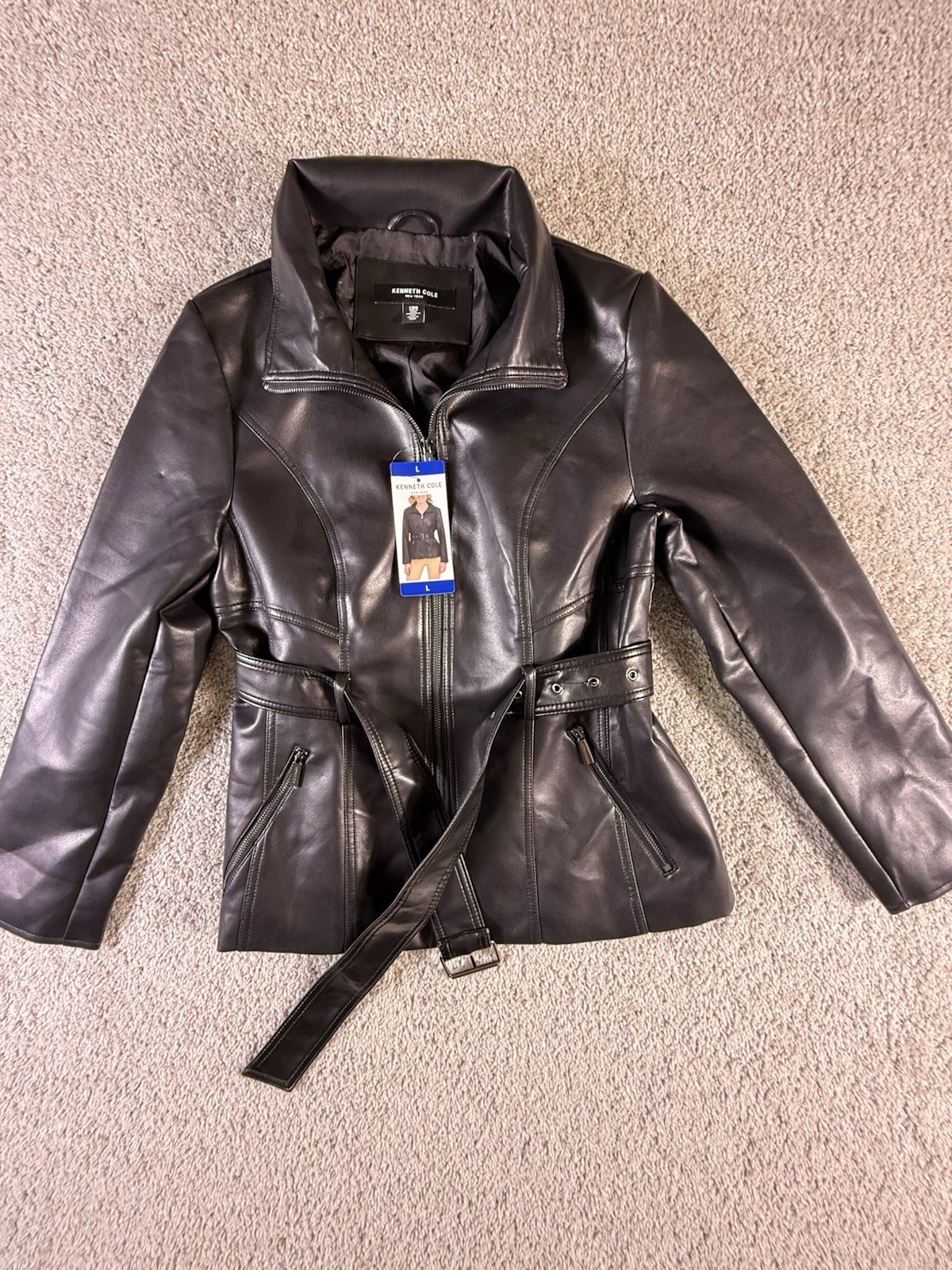 Kenneth Cole Women’s Poly Jacket Size L Black Biker Belted NWT