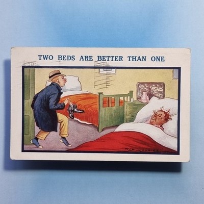 Comic Postkarte 1938 Reg Maurice betrunken Spitze Zehe zwei Betten Frau schläft
