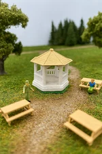 HO Scale Park Scene Kit – Gazebo & 4 Picnic Tables – Model Train Layout Scenery
