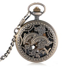 Retro Hollow Out Dolphins Women Men Pendant Hand Wind Mechanical Pocket Watch