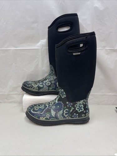 Womans Bogs Rain Boots US 10 Tall Pull On Waterproof Blue Paisley 52236 Floral