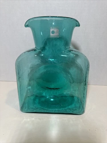 VTG Blenko Glass Pitcher Teal Sea Green 8” Double Spout Water Pitcher Carafe MCM