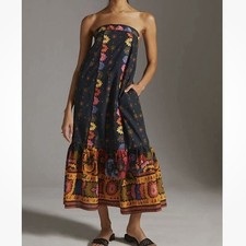 Farm Rio Dress L Black Embroidered Maxi Folklore Bohemian Sleeveless Tie Back