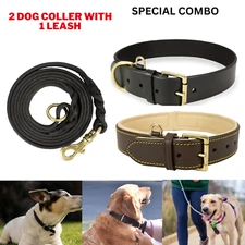 Genuine Leather Dog Collar & Leash Set | Heavy Duty Padded Adjustable Strap