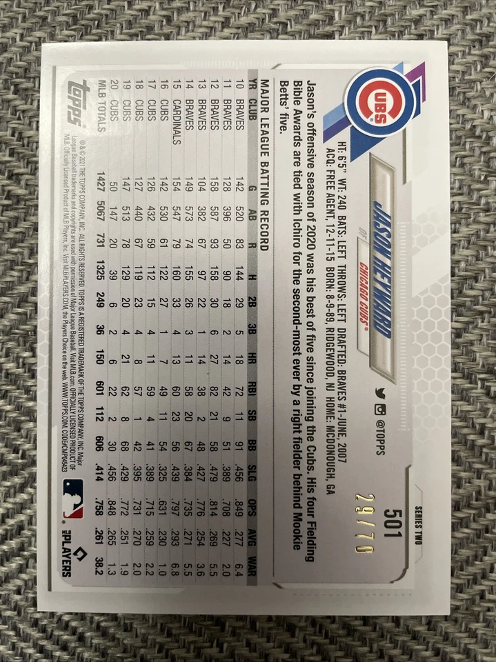 2021 Topps Series 2 Jason Heyward #501 Black Parallel #29/70 - Chicago Cubs  - Image 2 of 2