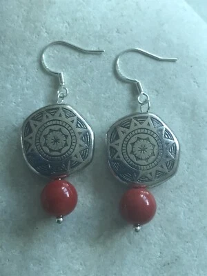 Red Bamboo Coral Boho Shields Earrings - 925 Sterling Silver (hooks only) - Image 1 of 3
