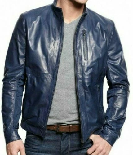 Navy Blue Leather Jacket Men's Motorcycle Jacket Genuine Lambskin Leather Jacket