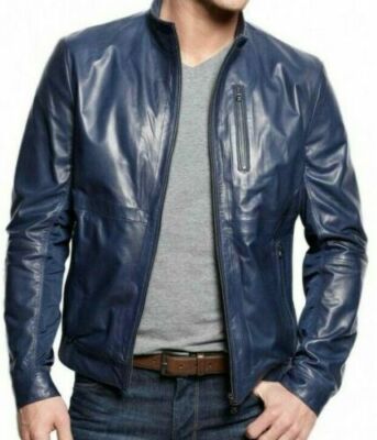 Navy Blue Leather Jacket Men's Motorcycle Jacket Genuine Lambskin Leather Jacket