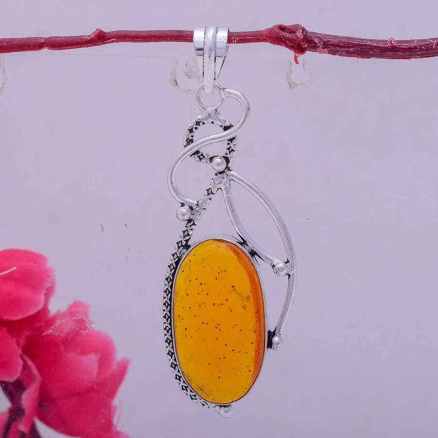 Ciondolo In Argento Sterling 925 Con Gemma Di Ambra Baltica Gialla 2.5" - Immagine 2 di 3
