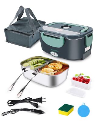 Green Electric Heated Lunch Box 1.5L Stainless Steel 12/24/110V Portable