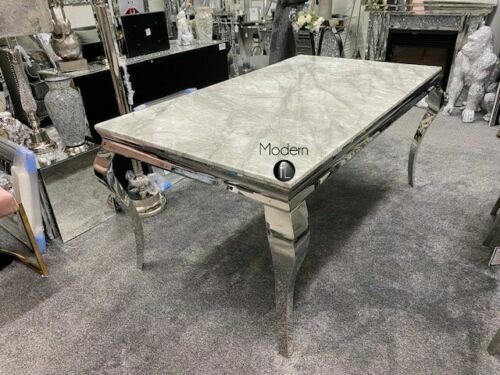 1.8m grey marble Louis dining table with curved legs 6x crushed velvet chairs