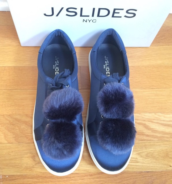 BRAND NEW- J / SLIDES Navy Blue Satin Faux Fur Pom Pom Cash Sneakers size 10 M | eBay
