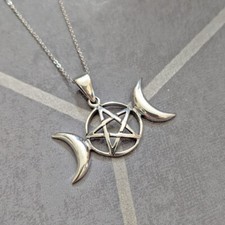 Solide 925 Argent Sterling Triple Lune Pentagramme Pentacle Pendentif Collier