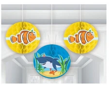 6 Under The Sea Ocean Fish / Shark Hanging Party Decorations Pom Pom Banners