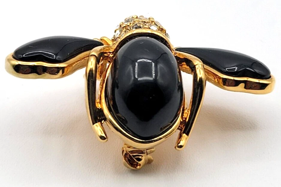 JOAN RIVERS BROCHE PRENDEDOR ABEJA ESTRÁS CRISTAL PAVÉ LUCITE NEGRO FIRMADO TONO DORADO Foto 3 de 4
