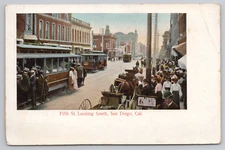 Postcard Vintage Busy Fifth Street with Looking South in San Diego, CA.