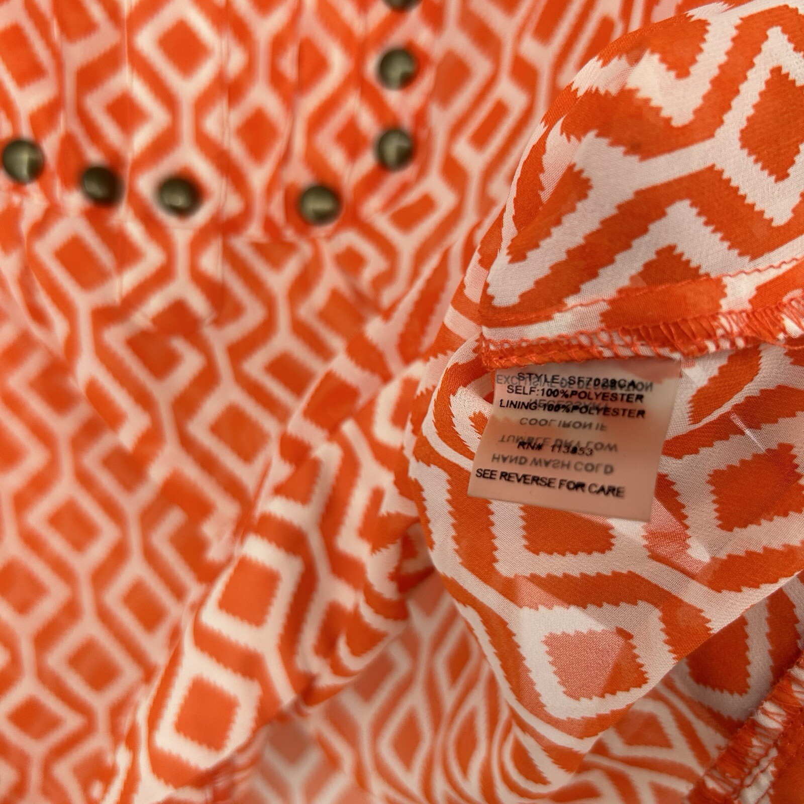41 Hawthorn Stitch Fix Top Blouse Orange Geometric Studded Tulip Sleeves Size S