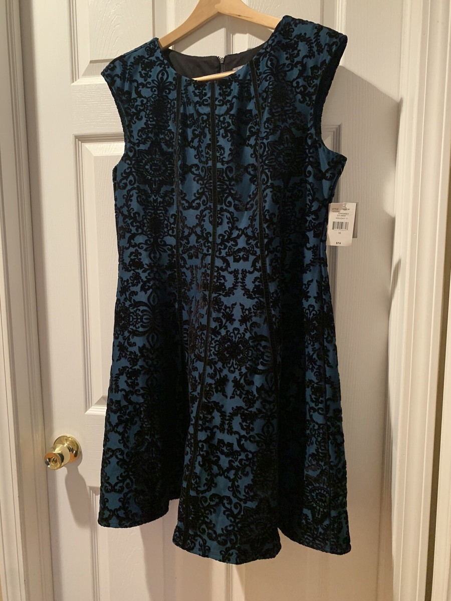 Danny & Nicole Fit Flare Dress Womens 16 Velvet Damask Pattern Holiday Xmas  NWT