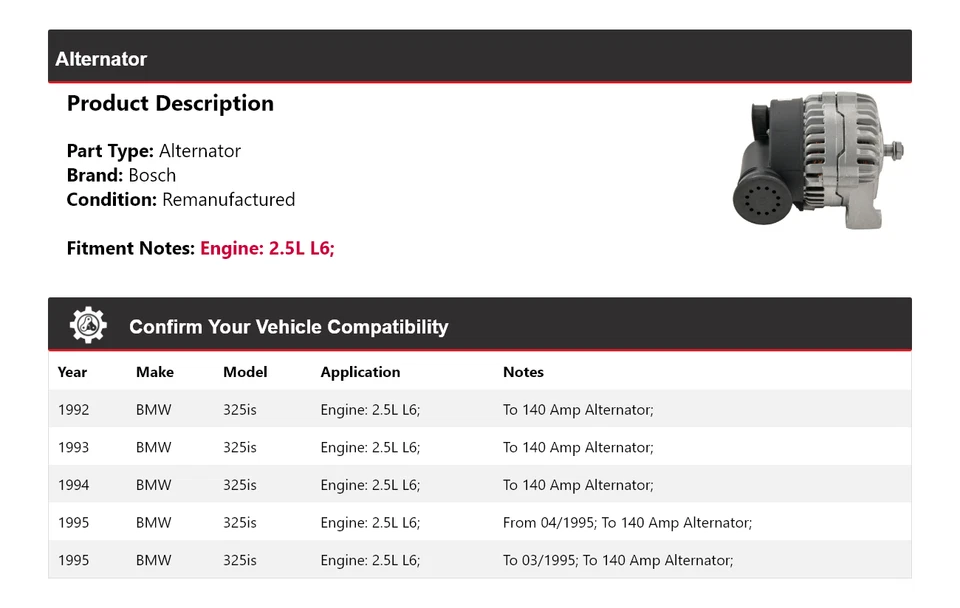 Генератор переменного тока Bosch (восстановленный) 1993 1994 для 1992-1995 BMW 325is 2,5 л L6 - Изображение 2 из 4