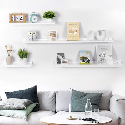Schweberegal, 2er Set Massivholz weiß Bilderleistenregale Wandmontage