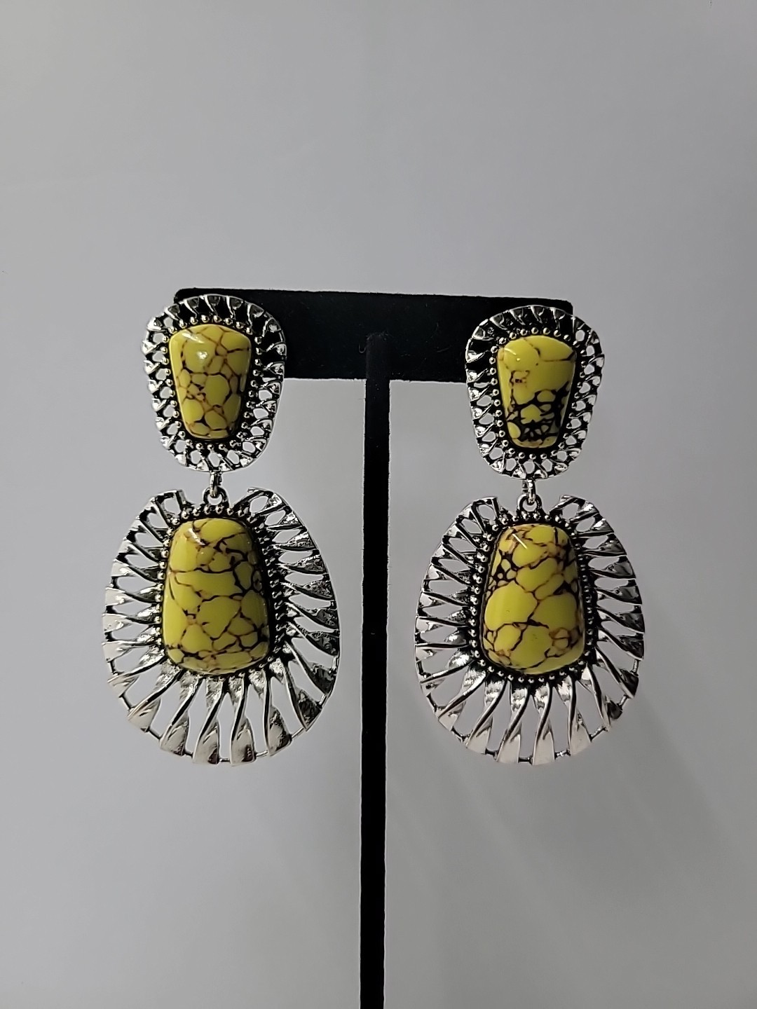 Yellow Stone Statement Dangle Earrings Silver Ton… - image 1