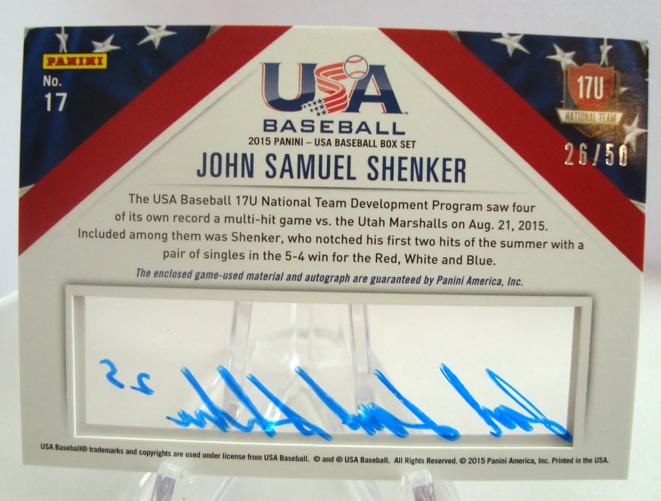 2015 Panini USA Baseball Box Set JOHN SAMUEL SHENKER #17 17U Jersey Auto /50 - Image 2 of 2