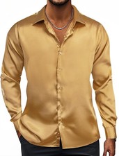 Camisas de vestir de satén de seda para hombre mangas largas brillantes informales camisas con botones de lujo