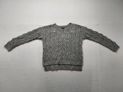 The Limited Women Sweater S Gray Rhinestone Embellished Cable Knit Warm Pullover