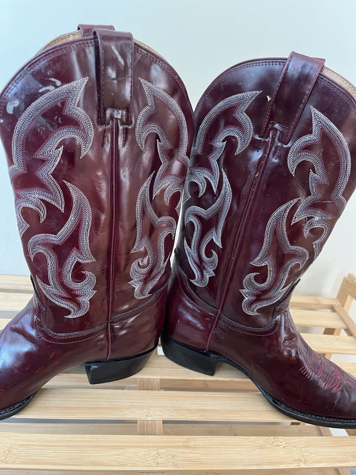 Botas occidentales borgoña para hombre de cuero liso ropa de rodeo vaquero punta redonda botas 9,5 Foto 2 de 4