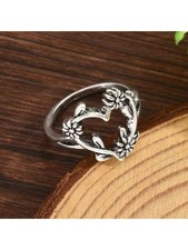 Boho Vintage Silver Heart Flower Leaf Ring Size 10 For Women