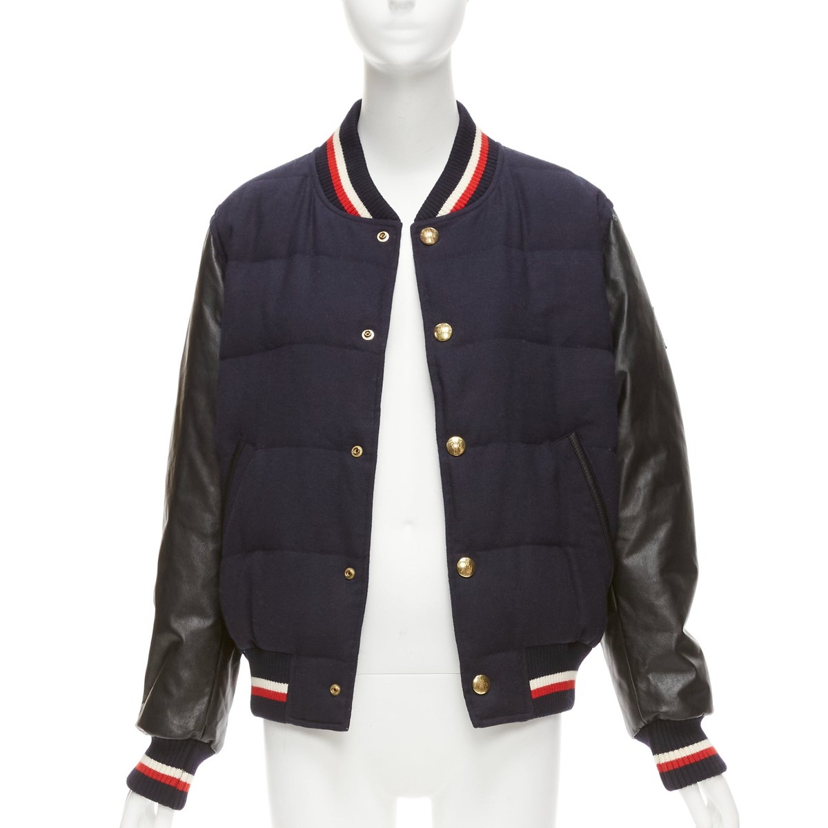 MONCLER GAMME BLEU navy wool leather sleeves goose down bomber 