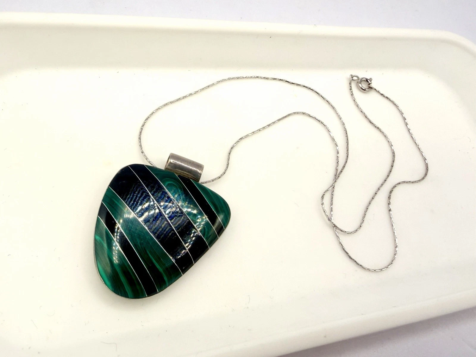Sterling Silver Malachite Onyx Inlay Pendant Necklace Mexico 925 17 in HS - product detail image 2