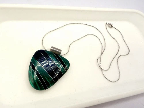 Sterling Silver Malachite Onyx Inlay Pendant Necklace Mexico 925 17 in HS image 2