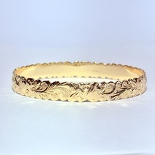 14K Yellow Gold Hawaiian Heirloom Floral Scroll 9mm 7.75" Bangle Bracelet 27.9g
