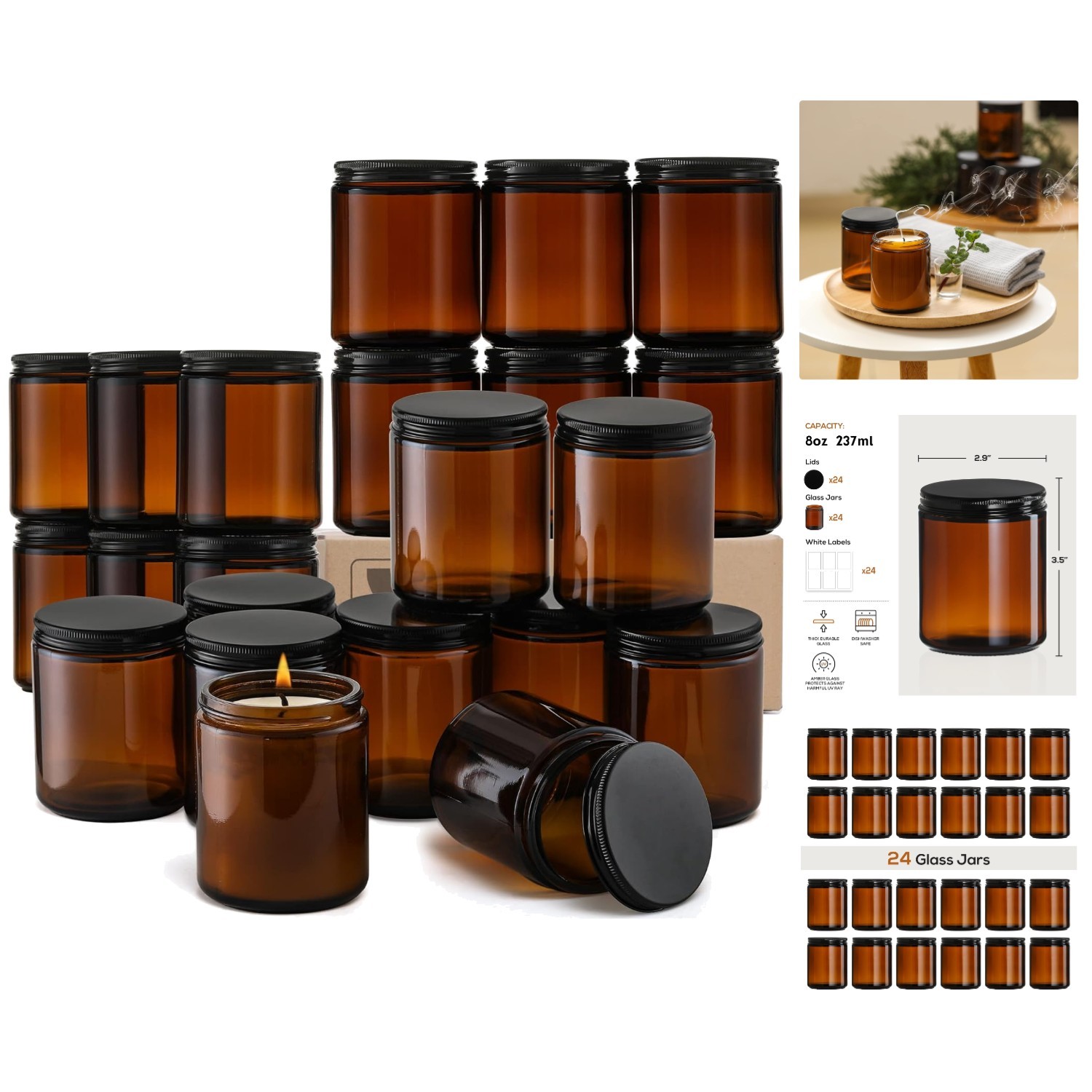 24 Durable 8oz Amber Glass Jars with Airtight Lids for Craft