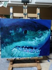 Great White Shark Painting, Hand Painted On Hard Board Canvas, Acrylic 12x16