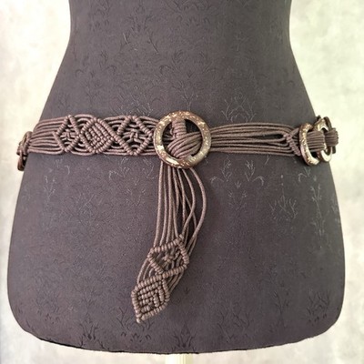 Macrame Woven Cord Rope Belt Brown Coconut Shell Rings Boho Ren Faire 30-36 
