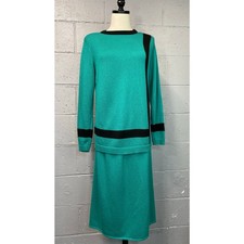 Vintage 1980s Teal Green Knit Sweater Skirt Set Midi Color Block Med