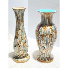 Vintage Set of 2 Peacock Style Design Glaze 10.5" & 10" Ceramic Vases Signed C S
