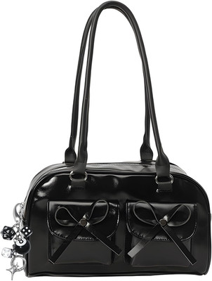 Schwarze Damen Handtasche Schultertasche Y2K Punk Style Hobo aus PU Leder