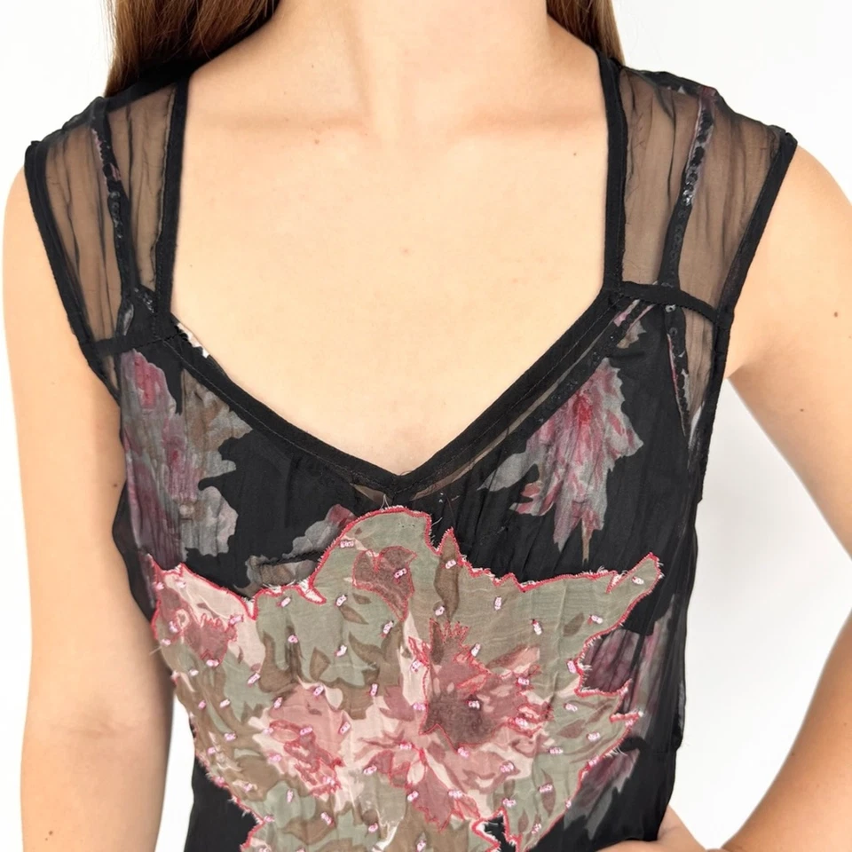 Vintage NWT Deadstock Whimsigoth Rene Derby Silk Beaded Floral Midi Dress Sz 10 - Image 2 of 4