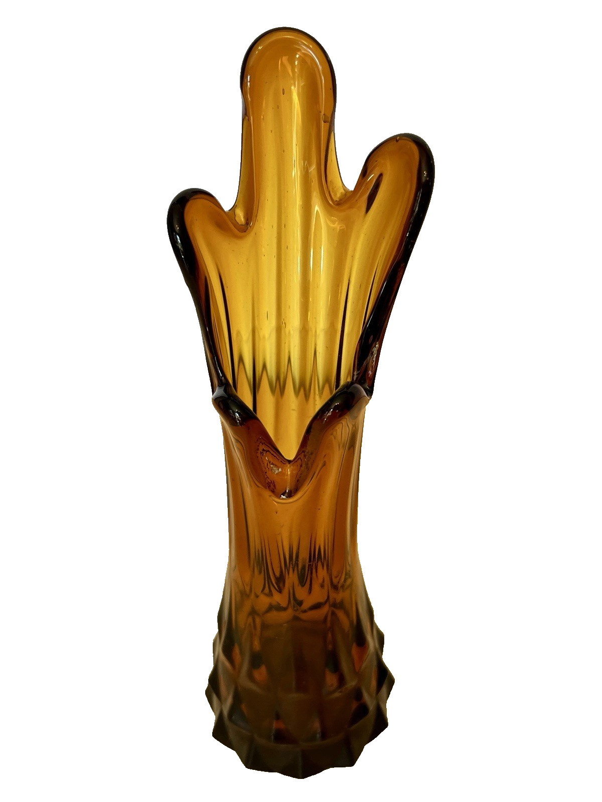 Fenton Amber Art Glass Vase Fluted Rim Handcrafted Signed 23cm Vintage image 3