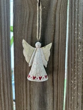 Vintage Folk Art Red Hearts Primitive Hand Painted Angel Christmas Tree Ornament