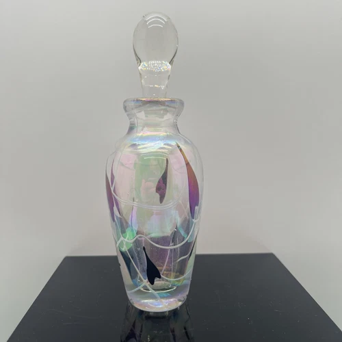 Vtg Hand Blown Hanging Hearts And Vines Iridescent Perfume Bottle With Stopper